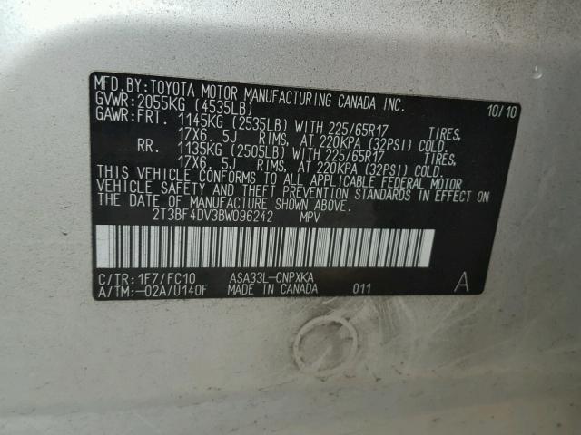 2T3BF4DV3BW096242 - 2011 TOYOTA RAV4 SILVER photo 10