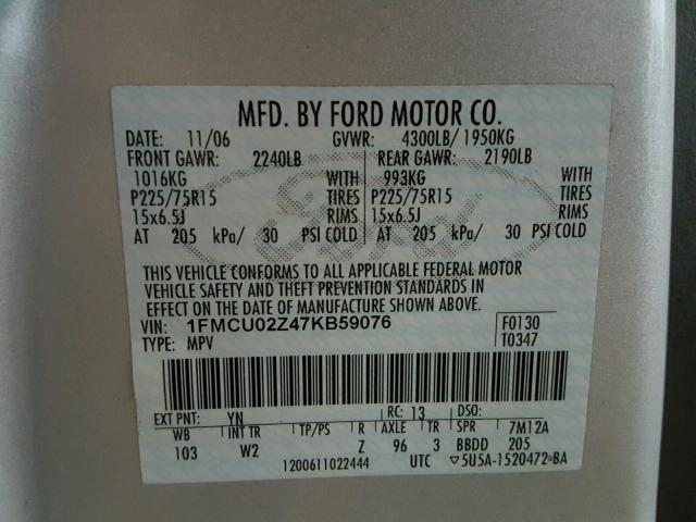 1FMCU02Z47KB59076 - 2007 FORD ESCAPE XLS SILVER photo 10