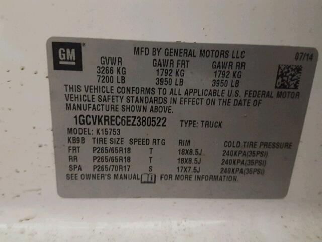 1GCVKREC6EZ380522 - 2014 CHEVROLET SILVERADO WHITE photo 10