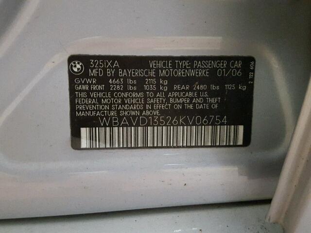 WBAVD13526KV06754 - 2006 BMW 325 XI SILVER photo 10