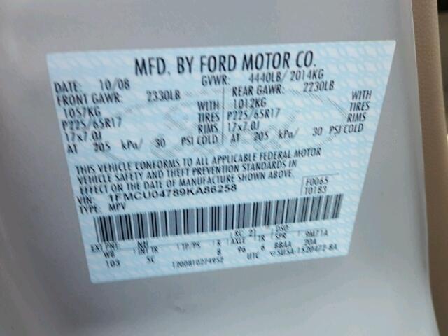 1FMCU04789KA86258 - 2009 FORD ESCAPE LIM SILVER photo 10