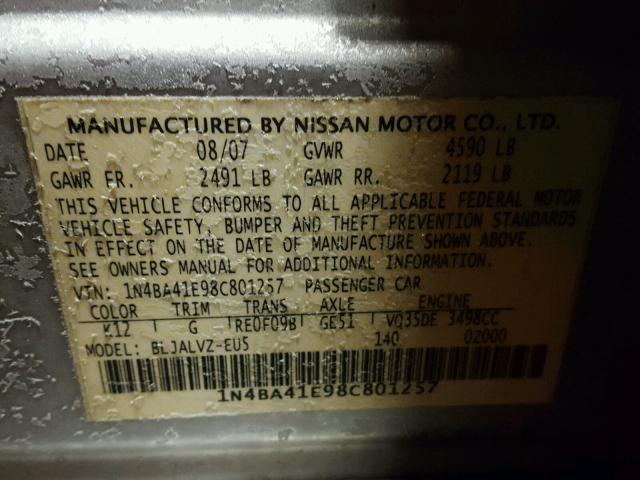 1N4BA41E98C801257 - 2008 NISSAN MAXIMA SE SILVER photo 10