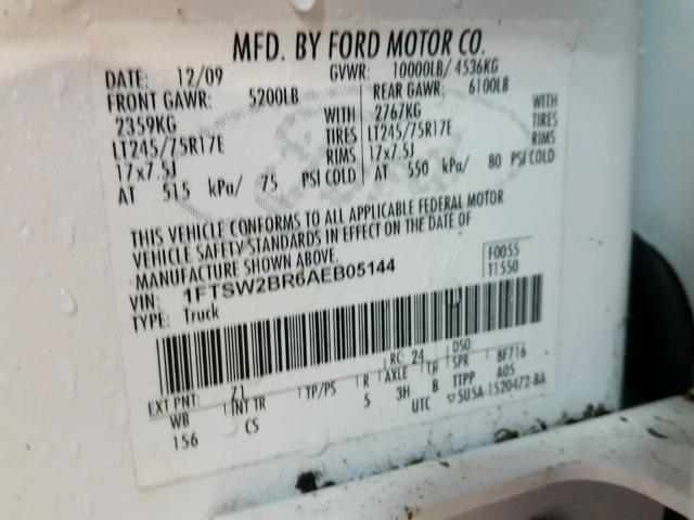 1FTSW2BR6AEB05144 - 2010 FORD F250 SUPER WHITE photo 10