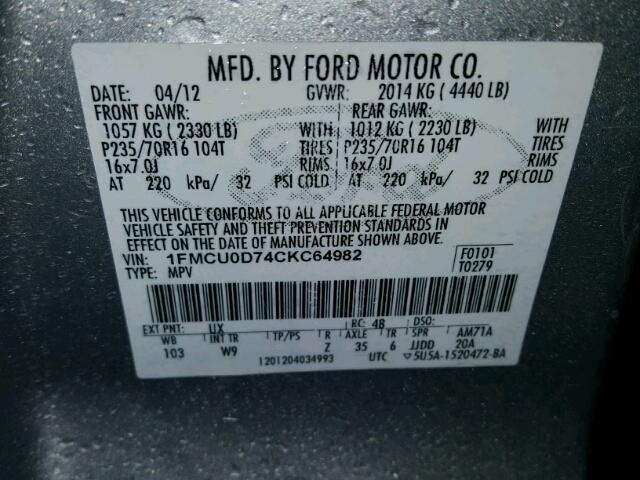 1FMCU0D74CKC64982 - 2012 FORD ESCAPE XLT SILVER photo 10