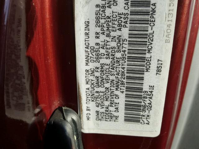 4T1BF28K4YU954775 - 2000 TOYOTA CAMRY LE MAROON photo 10