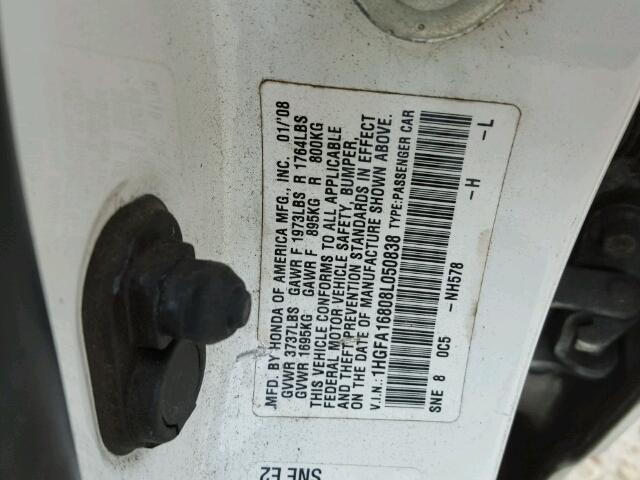 1HGFA16808L050838 - 2008 HONDA CIVIC EX WHITE photo 10