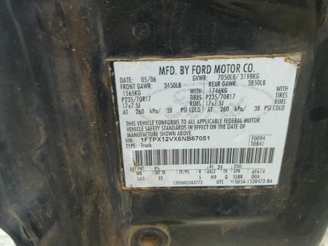 1FTPX12VX6NB67051 - 2006 FORD F150 BLUE photo 10