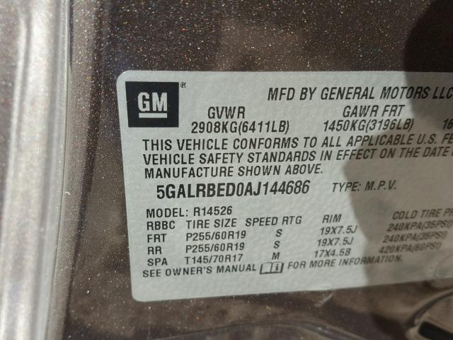 5GALRBED0AJ144686 - 2010 BUICK ENCLAVE CX GOLD photo 10