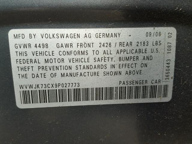 WVWJK73CX9P027773 - 2009 VOLKSWAGEN PASSAT TUR GRAY photo 10