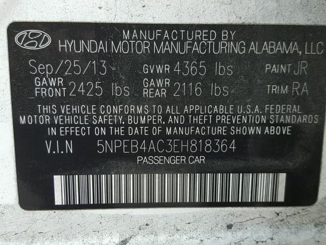 5NPEB4AC3EH818364 - 2014 HYUNDAI SONATA GLS WHITE photo 10