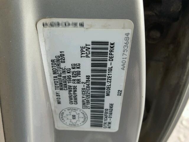 2T1BR12E21C847848 - 2001 TOYOTA COROLLA CE SILVER photo 10