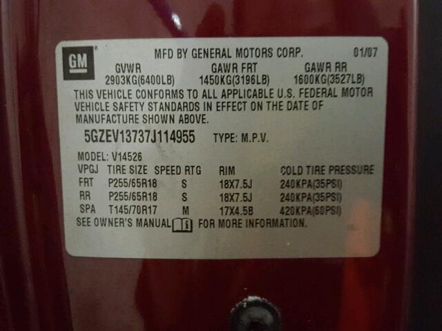 5GZEV13737J114955 - 2007 SATURN OUTLOOK XE RED photo 10