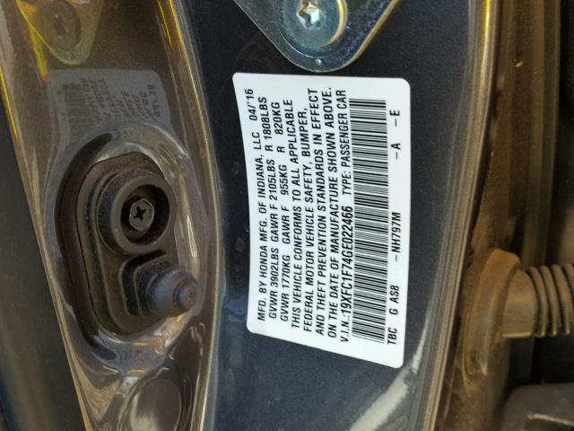 19XFC1F74GE022466 - 2016 HONDA CIVIC EXL GRAY photo 10