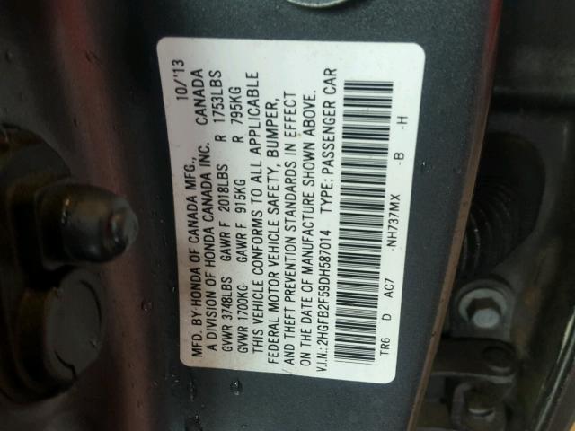 2HGFB2F59DH587014 - 2013 HONDA CIVIC LX GRAY photo 10