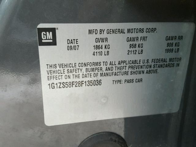 1G1ZS58F28F135036 - 2008 CHEVROLET MALIBU LS GRAY photo 10