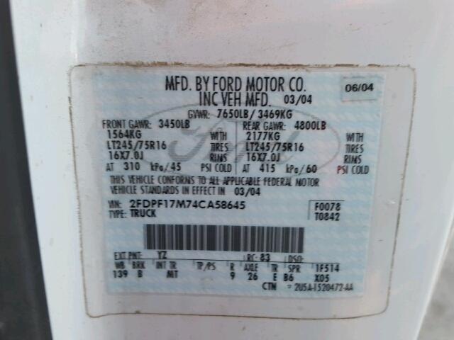 2FDPF17M74CA58645 - 2004 FORD F-150 HERI WHITE photo 10