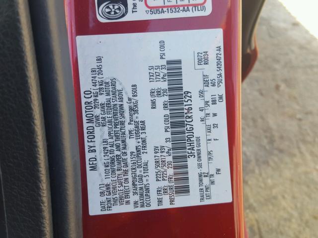 3FAHP0JG7CR161529 - 2012 FORD FUSION SEL RED photo 10