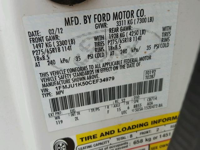 1FMJU1K50CEF34979 - 2012 FORD EXPEDITION WHITE photo 10