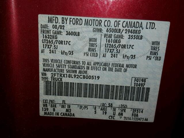 2FTRX18L92CB00519 - 2002 FORD F150 RED photo 10