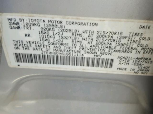 JTEHH20V616011114 - 2001 TOYOTA RAV4 SILVER photo 10