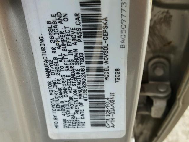 4T1BE32KX2U617603 - 2002 TOYOTA CAMRY LE SILVER photo 10
