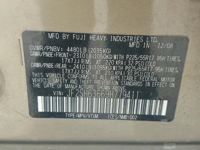 JF2SH63669H779411 - 2009 SUBARU FORESTER 2 GOLD photo 10