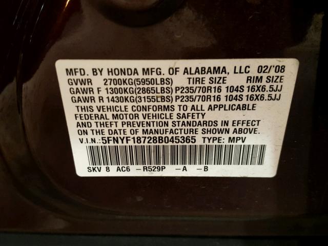 5FNYF18728B045365 - 2008 HONDA PILOT EXL MAROON photo 10