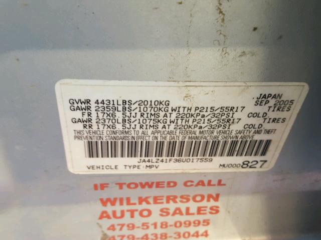 JA4LZ41F36U017559 - 2006 MITSUBISHI OUTLANDER GRAY photo 10