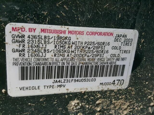 JA4LZ31F94U053103 - 2004 MITSUBISHI OUTLANDER GREEN photo 10