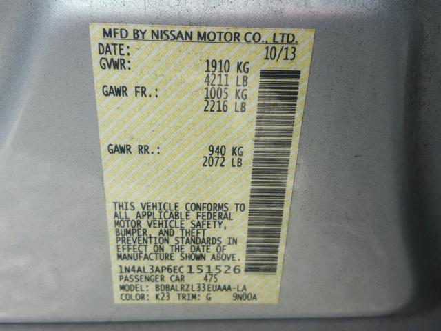 1N4AL3AP6EC151526 - 2014 NISSAN ALTIMA 2.5 SILVER photo 10