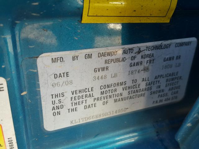 KL1TD66E89B314950 - 2009 CHEVROLET AVEO LS BLUE photo 10