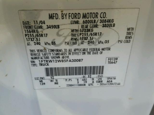 1FTRW12W85FA30087 - 2005 FORD F150 SUPER WHITE photo 10