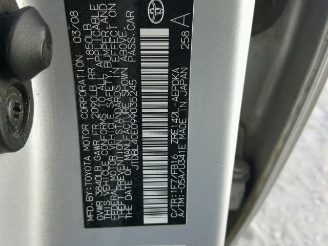 JTDBL40E099035245 - 2009 TOYOTA COROLLA BA SILVER photo 10