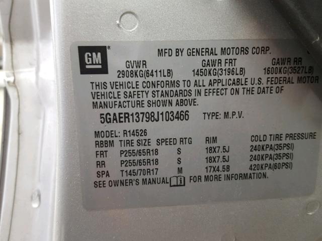 5GAER13798J103466 - 2008 BUICK ENCLAVE CX SILVER photo 10