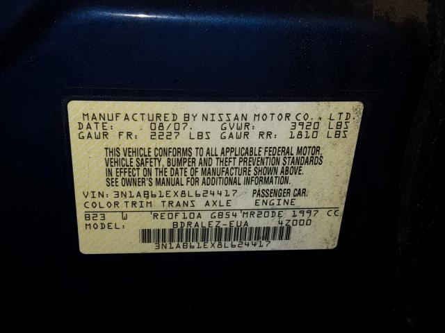 3N1AB61EX8L624417 - 2008 NISSAN SENTRA 2.0 BLUE photo 10