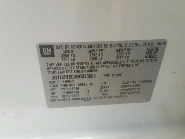 3GTU2NEC9GG325683 - 2016 GMC SIERRA K15 WHITE photo 10