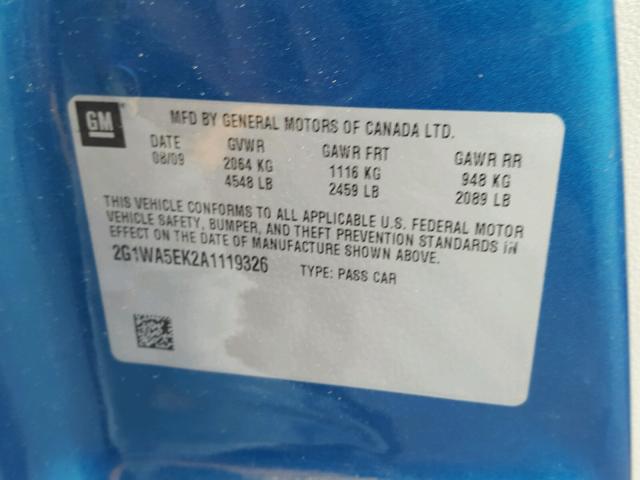 2G1WA5EK2A1119326 - 2010 CHEVROLET IMPALA LS BLUE photo 10