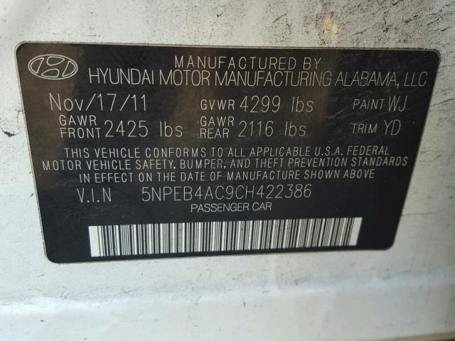 5NPEB4AC9CH422386 - 2012 HYUNDAI SONATA GLS WHITE photo 10