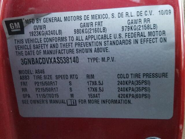 3GNBACDVXAS538140 - 2010 CHEVROLET HHR LT RED photo 10