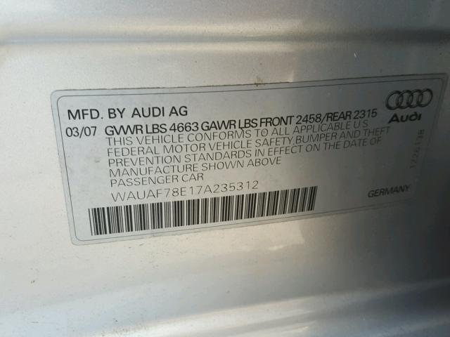 WAUAF78E17A235312 - 2007 AUDI A4 2 SILVER photo 10