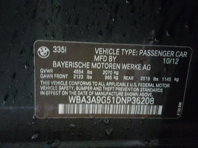 WBA3A9G51DNP36208 - 2013 BMW 335 I BLACK photo 10