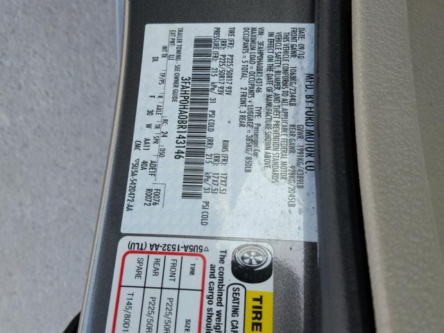 3FAHP0HA0BR143146 - 2011 FORD FUSION SE GRAY photo 10