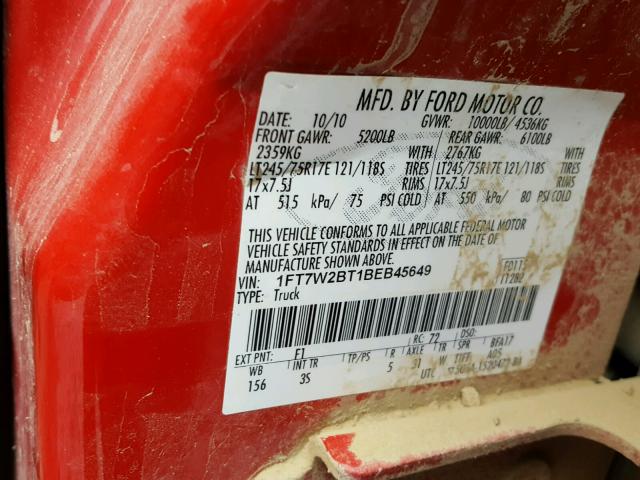 1FT7W2BT1BEB45649 - 2011 FORD F250 SUPER RED photo 10