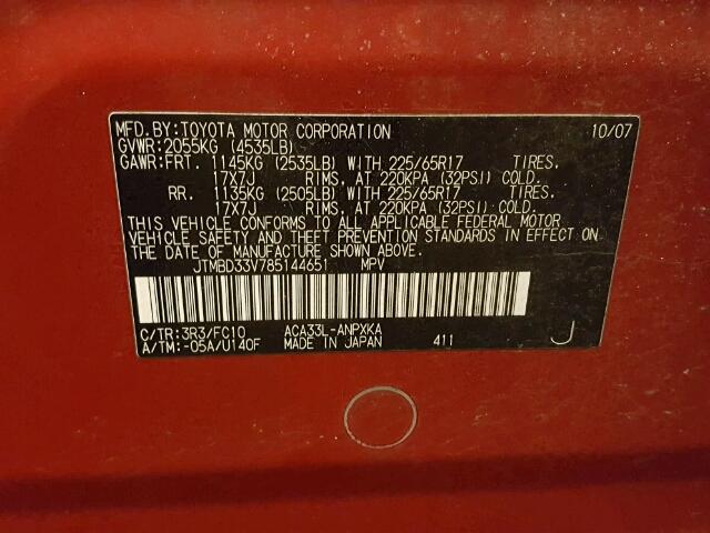 JTMBD33V785144651 - 2008 TOYOTA RAV4 RED photo 10