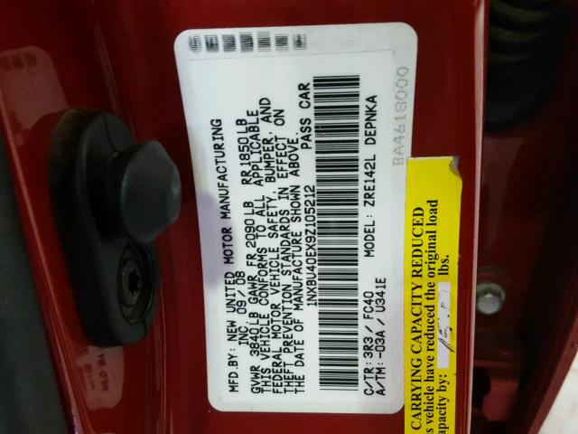 1NXBU40EX9Z105212 - 2009 TOYOTA COROLLA BA RED photo 10