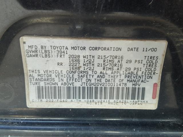 JTEGH20V210011478 - 2001 TOYOTA RAV4 BLACK photo 10