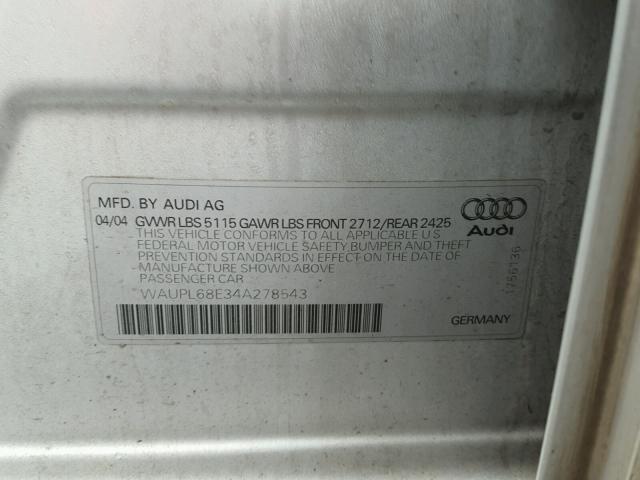 WAUPL68E34A278543 - 2004 AUDI S4 GRAY photo 10