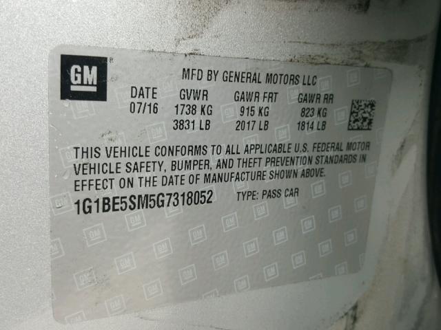 1G1BE5SM5G7318052 - 2016 CHEVROLET CRUZE LT SILVER photo 10