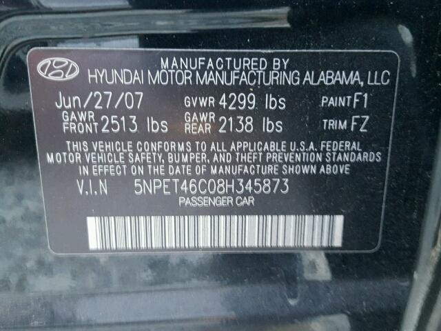 5NPET46C08H345873 - 2008 HYUNDAI SONATA GLS BLACK photo 10