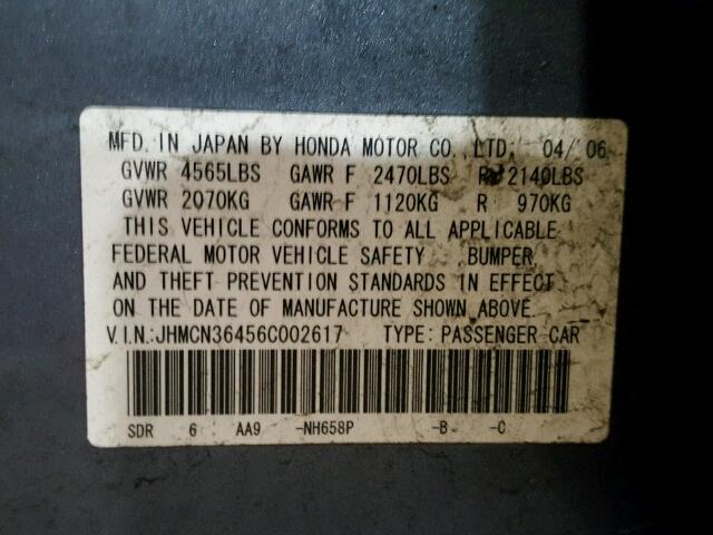 JHMCN36456C002617 - 2006 HONDA ACCORD HYB GRAY photo 10